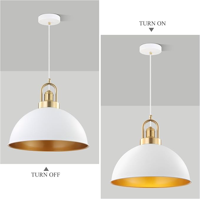 Modern Large Pendant Light 13.8 inch, White Dome Metal Shade with Brass Accent, Minimalist Chandelier for Kitchen Island, Dining Room