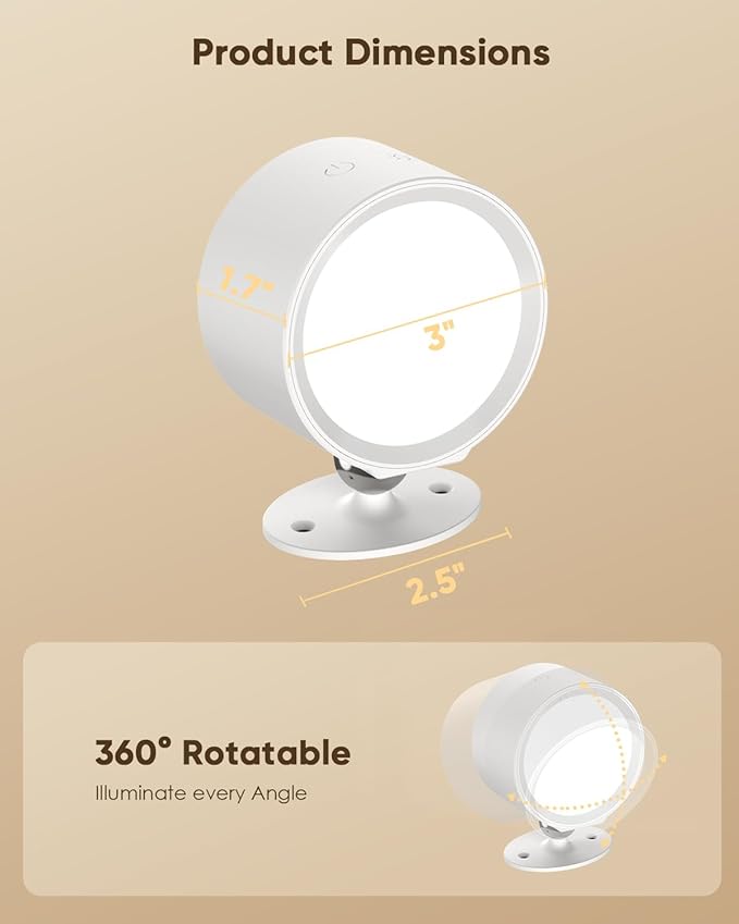 LED Wall Mounted Lights 2 Pcs with Remote, Rechargeable Wall Sconce with 3 Color Temps & Dimmable Magnetic 360° Rotation Cordless Light for Bedroom Reading Bedside (White, 2 Pack)