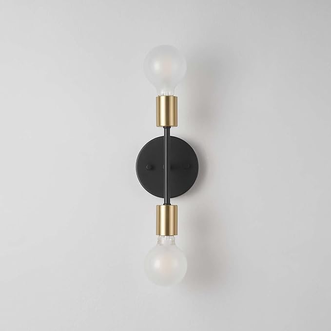 Globe Electric 52085 10" 2-Light Reversible Vanity Wall Light, Matte Black, Brass Accent Socket, Dimmable Lighting, E26 Open Socket, Beauty Room Accessories, Home Decor, Modern Lights for Bathroom