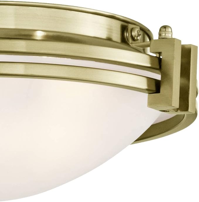 Possini Euro Design Deco Mid Century Modern Close to Ceiling Light Flush Mount Fixture 12 3/4" Wide Warm Brass Gold Satin White Glass Bowl Shade for Bedroom Kitchen Living Room Hallway Bathroom