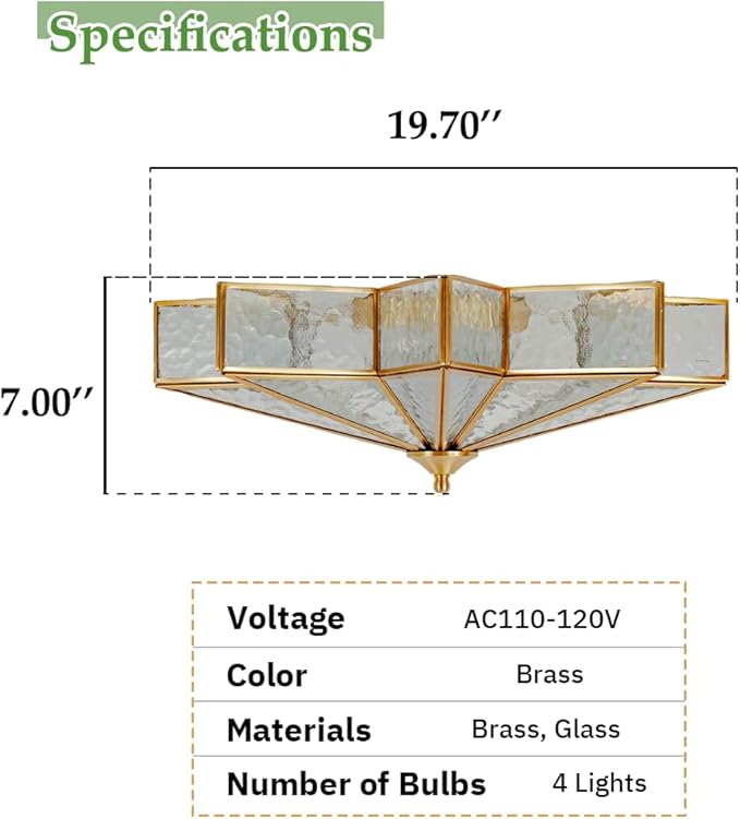 Brass Flush Mount Ceiling Light with Ceramic Light Socket, Star Shaped Ceiling Light Fixture, Mid Century Glass Ceiling Mount Lamp for Entryway, Foyer, Bedroom (Rippled Glass, 19.7")