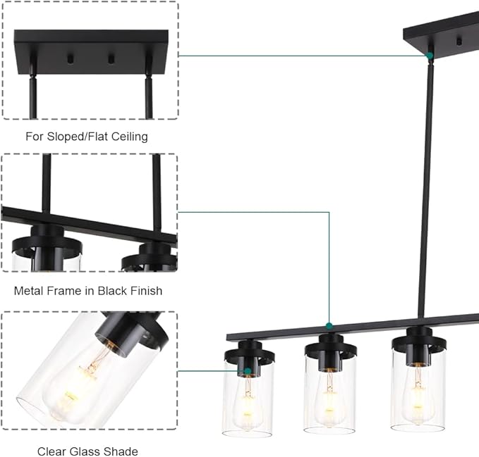 Farmhouse Dining Room Light Fixture 6 Lights Chandeliers for Dining Room Black Pendant Lighting with Clear Glass Shade for Dining Room, Foyer, Restaurant, Bar, E26 Base