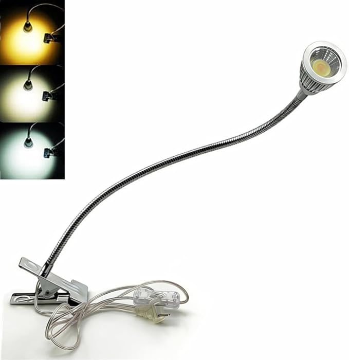 QUANS 5W 3 Colors LED COB Clip on Light Silver 19.68 INCH 50 CM Tube Desk Flexible Table Bed Lamp Work Home Design Lighting 110V 220V 85V - 265V AC with US Plug Switch on Off 500LM (Silver)