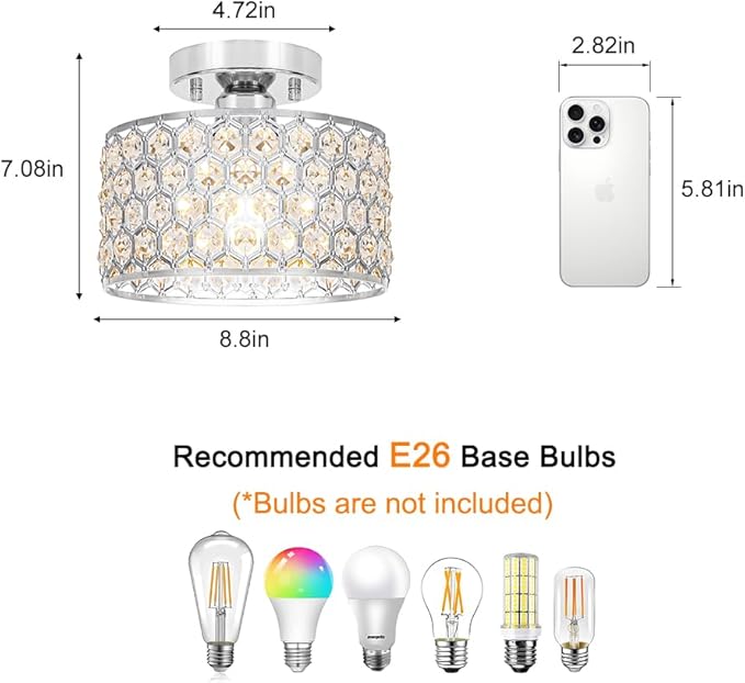 Chrome Crystal Ceiling Light Fixture - Modern Semi Flush Mount Ceiling Chandelier Lighting for Hallway, Kitchen & Foyer | Dazzling Prism Chandelier with Easy Installation,1 Light, 9 in