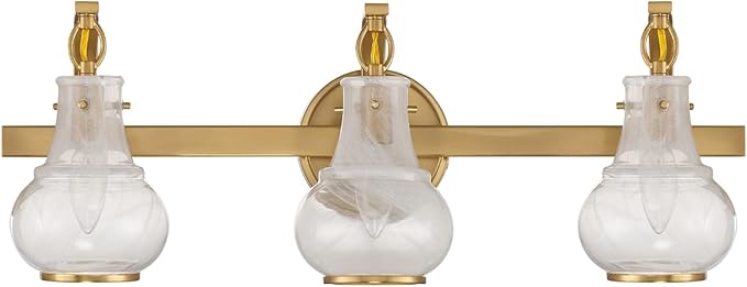 Savoy House 8-4417-3-322 Adams Modern Vintage Traditional White Strie Glass Bathroom Vanity Wall Light, 3-Light 180 Total Watts, 9" H x 24" W, Warm Brass