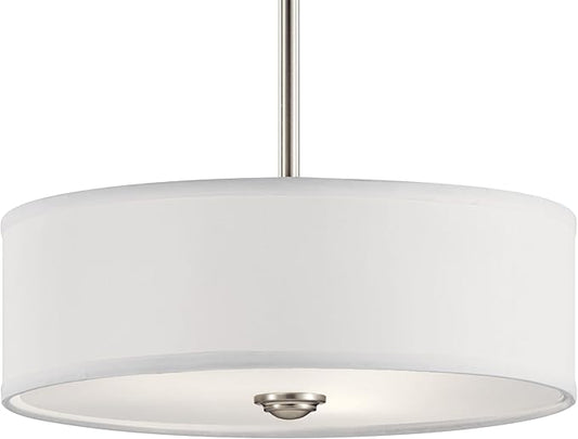 Kichler Shailene 14" 3-Light Semi Flush Mount Ceiling Light Fixture with Satin Etched White Diffuser and White Microfiber Shade in Brushed Nickel for Bathroom or Bedroom, 43675NI