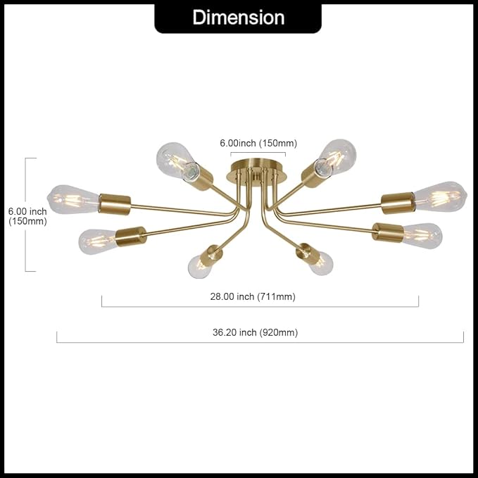 8 Lights Sputnik Chandelier Brushed Brass Semi Flush Mount Ceiling Lights Industrial Kitchen Lighting Fixtures Ceiling Lighting