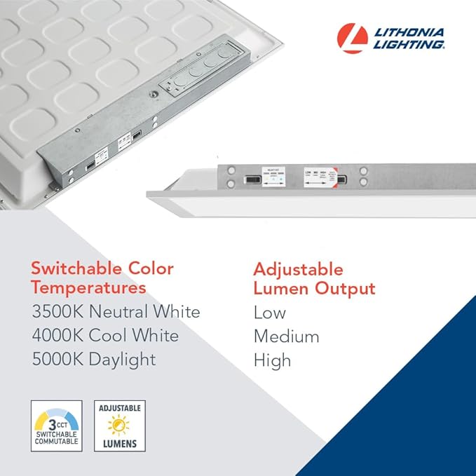 Lithonia Lighting CPX LED Flat Panel Light, 2Ftx2Ft LED Light Panel, Ceiling Lighting Fixture, 2500/3200/4000 Adjustable Lumens, 3500K/4000K/5000K Switchable CCT, Smooth Satin Lens, White (4-Pack)