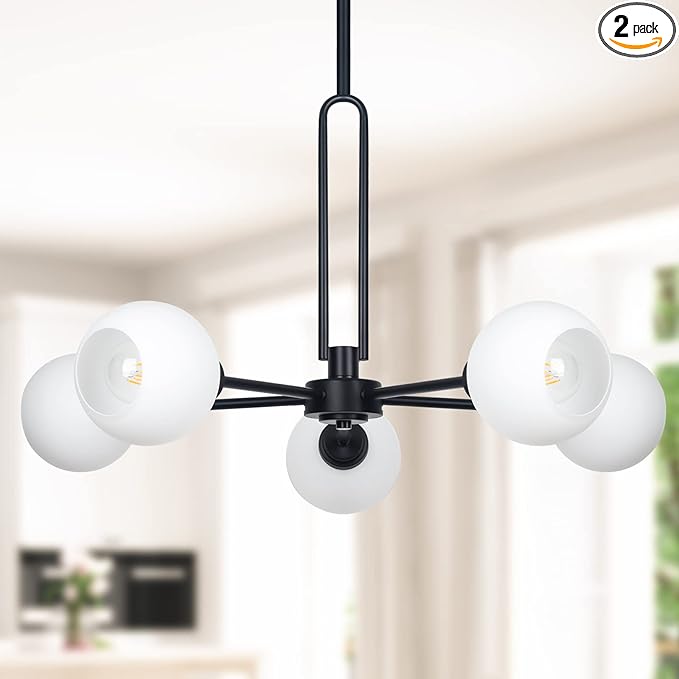 Modern 5-Light Globe Sputnik Chandelier - Large Semi-Flush Dining Room Light, Black Glass Pendant for Kitchen, Living Room, Bedroom, Farmhouse