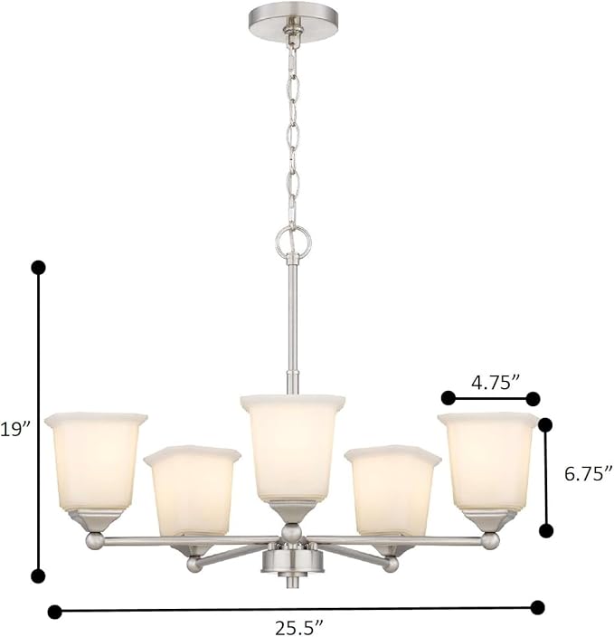 Tawson Nox 5-Light Chandelier Pendant Ceiling Light Brushed Nickle White Glass Shade Adjustable Height for Hallway, Entryway, Passway, Dining, Bedroom, Kitchen, Balcony Living Room