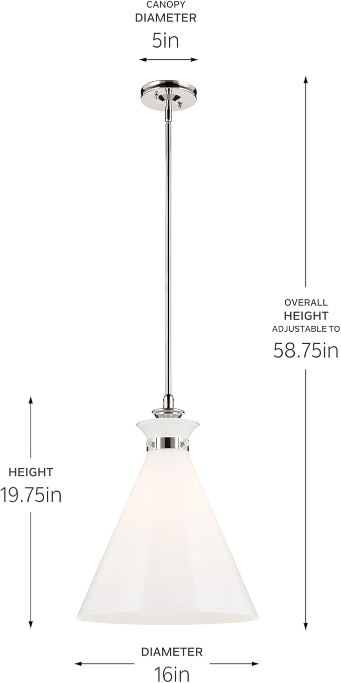 Kichler Laria 1-Light Pendant, Updated Traditional Light, Sloped Ceiling Compatible, for Kitchen with Opal Glass in Polished Nickel (19.75" x 16"), 52775PN