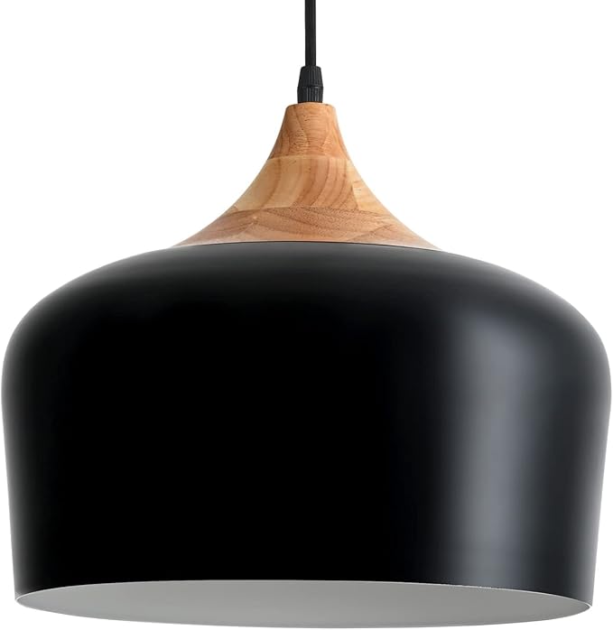 11.8 inch Black Industrial Pendant Light, Adjustable Wood Ceiling Hanging Lighting with Dome Metal Shade,Farmhouse Minimalist Lamp for Kitchen Island,Dining Room,Bar, Bedroom,Hallway