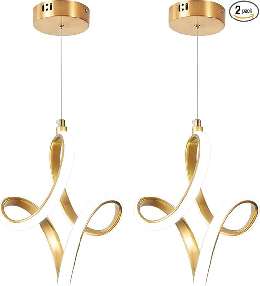 2 Packs Modern Led Pendant Light 5500K Cold White Kitchen Island Pendant Light Fixtures Adjustable Height Led Pendant Lamp for Kitchen Island Dining Room Hanging Light, 2 Packs (Gold)