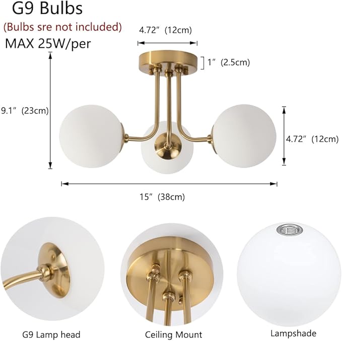 Modern Semi Flush Mount Ceiling Light,Globe Milk Glass Shade Brushed Brass Finish Ceiling Light 3-Light with Ceramic Base,Sputnik Chandeliers for Bedroom Hallway Dining Room Lighting Fixture