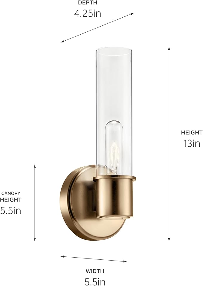 Kichler Aviv 1-Light Wall Sconce, Modern Light with Clear Glass in Champagne Bronze, for Bedroom, Laundry Room, Kitchen or Hallway (13" x 5.5"), 52653CPZ