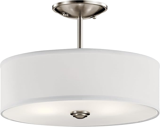 Kichler Shailene 14" 3-Light Semi Flush Mount Ceiling Light Fixture with Satin Etched White Diffuser and White Microfiber Shade in Brushed Nickel for Bathroom or Bedroom, 43675NI