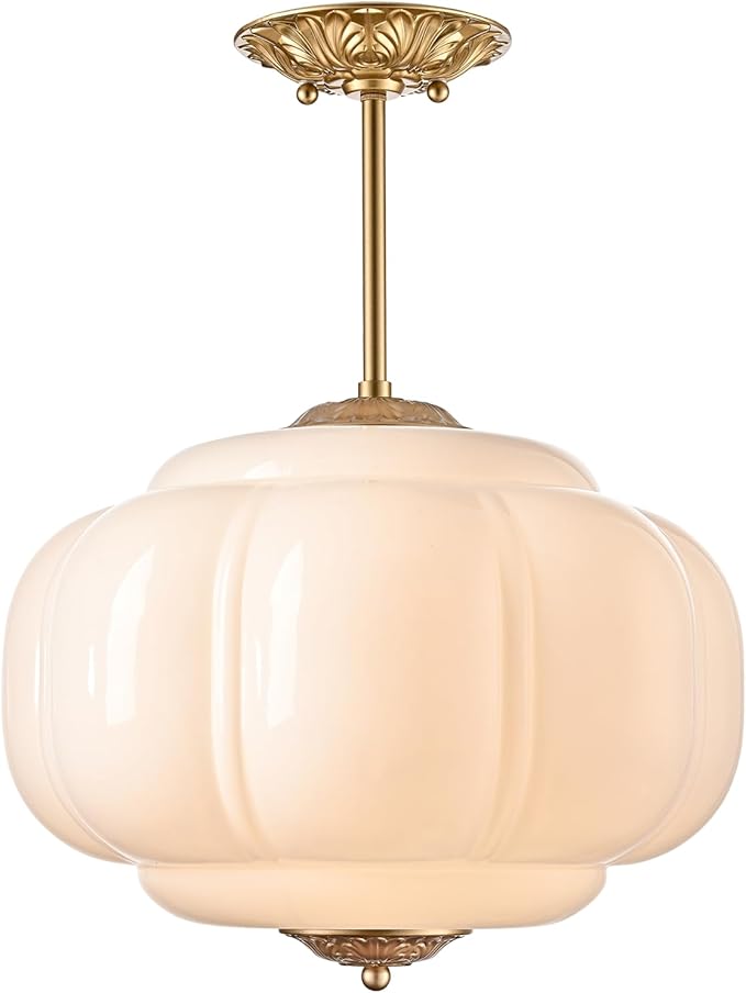 Vintage Milk Glass Ceiling Light Fixture, Antique White Semi Flush Mount Milk Glass Pendant Light, 15" Farmhouse Mid Century Ceiling Light for Kitchen Hallway Schoolhouse Dining Room Bedroom