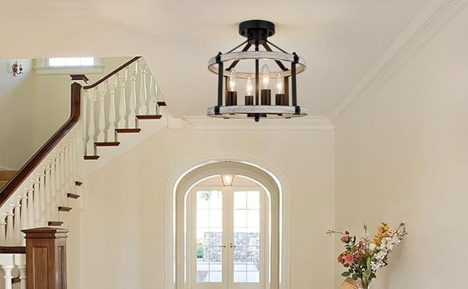 12.5" Farmhouse Semi Flush Mount Ceiling Light,4 Light Rustic Semi Flush Ceiling Light,Black+Oak Finish Industrial Semi Flush Light Fixture for Hallway Entryway Bedroom Balcony Laundry Room