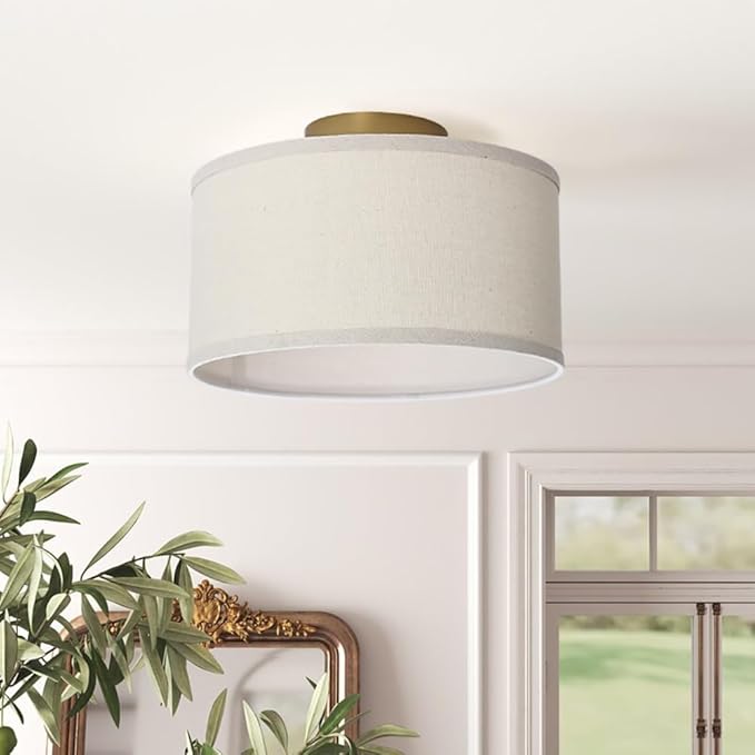 Yosoan Linen Indoor Hallway Ceiling Light Fixture, 1-Light Antique Brass Vanity Vintage Semi Flush Mount Light Retro Night Lamp for Bedroom Dinning Room Living Room Corridor Kitchen Entryway Passway