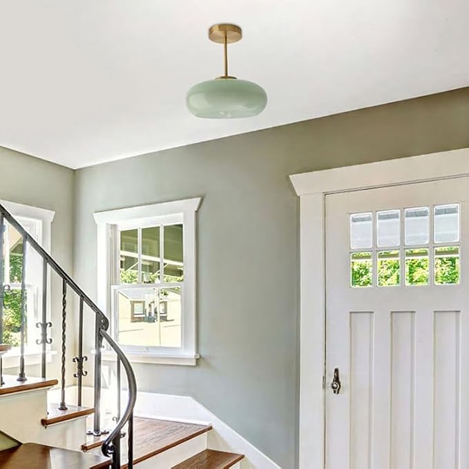 Milk Glass Ceiling Light Semi Flush Mount Ceiling Lights fixtures with Milk Green Glass Shade Mid Century Modern Flush Mount Lighting Gold Brass Close to Lamp for Hallway Kitchen Sink