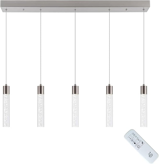 Pendant Light Kitchen Island with Remote Control - Brushed Nickel Adjustable Height Kitchen Island Light, 3000K/4000K/6000K Dimmable LED Handing Light for Dining Room, Bar, Hallway