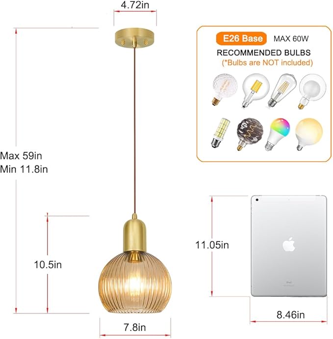 Gold Pendant Light, Modern Pendant Light Fixture with Amber Striped Glass Lmapshade, Brass Kitchen Island Light, Brushed Pendant Lights Kitchen Island Adjustable Hanging Light for Bathroom Dining Room