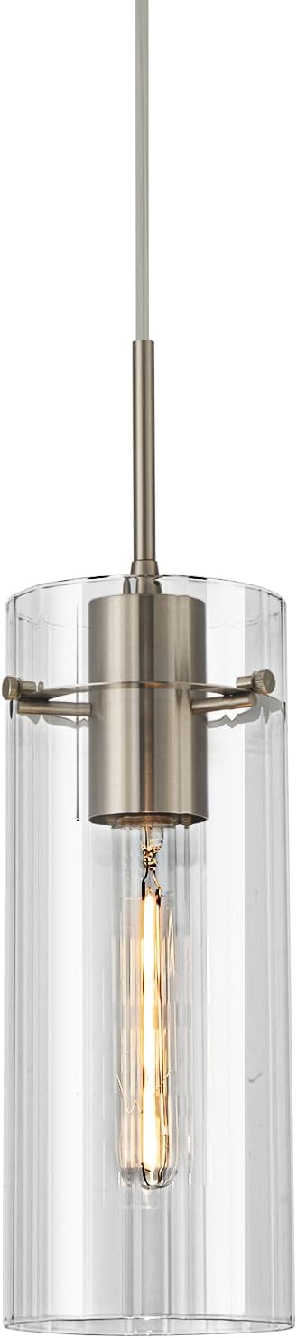 Glass Brushed Nickel Pendant Light, Modern Kitchen Island Pendant Lighting with Ribbed Glass, Adjustable Cord Single Pendant Light for Over Island, Dining Room, Bathroom Bedroom