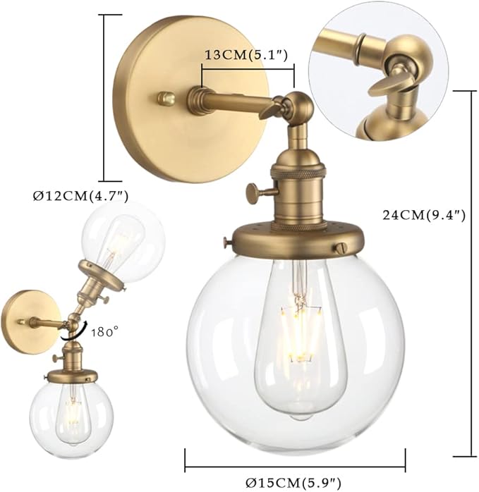 Phansthy Bathroom Light Fixture Single Industrial Wall Sconce with 5.9 Inches Globe Lampshade (Antique)