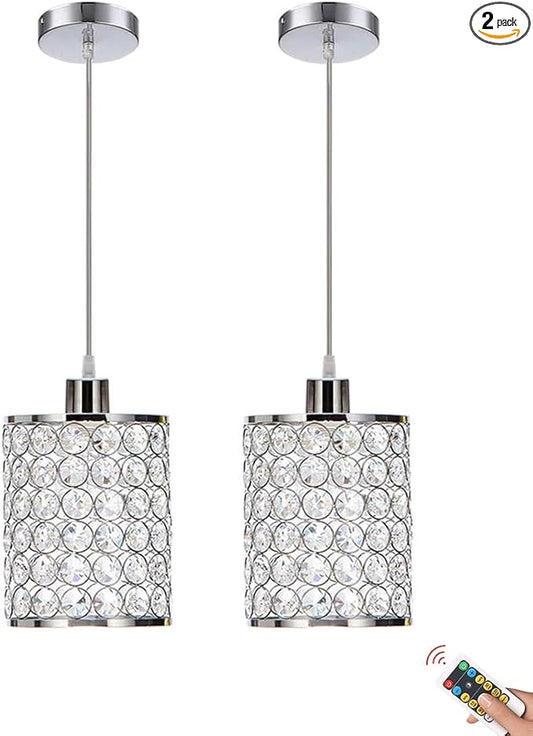 Battery Operated Pendant Lights with Remote 2 Packs,Rechargeable Pendant Light Not Hardwired,Brushed Nickel Crystal Glass Chandelier Cordless Ceiling Hanging Lamp for Kitchen Island Dining Room Table