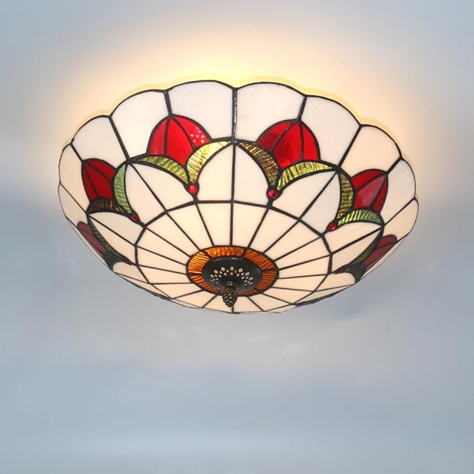 Tiffany Style Ceiling Light 16 Inch Stained Glass Flush Mount Ceiling Light for Bedroom Chandelier Vintage Pendent Light Fixtures (16 Inch White Red)