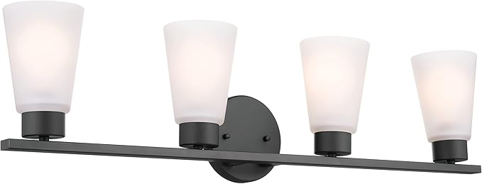 Kichler Stamos 4-Light Bathroom Vanity Light Fixture with Satin Etched Glass Shades, 26 in Modern Wall Light in Black for over Mirror (26 in x 8 in x 5 in), 52608BK