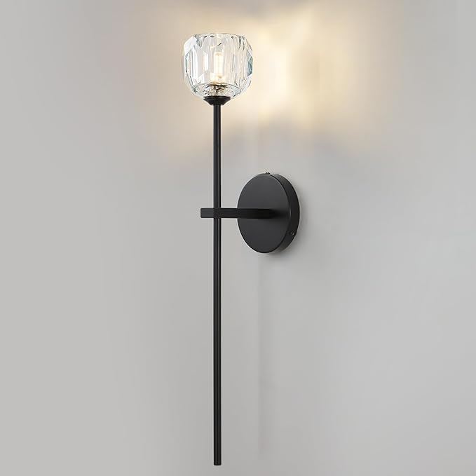 Black Crystal Wall Sconces with G9 Bulbs, Mid Century Modern Diamond Decor Light Brass Vintage Long Lighting Fixture Hardwired for Elegant Vanity Living Room Bedroom Bathroom Hallway