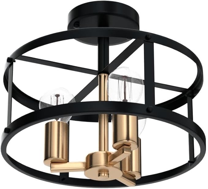 AGV LIGHTING Farmhouse Semi Flush Mount Ceiling Light Fixture， 3-Light Close to Ceiling Light, Shiny Gold & Matte Black Finish