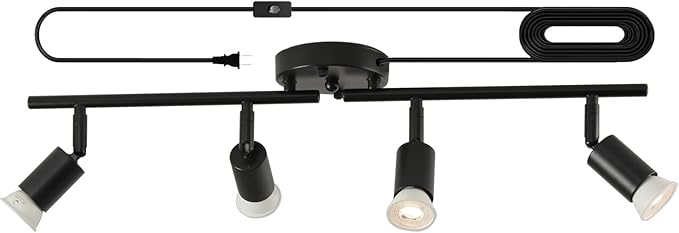 4 Light Black Plug in Track Light White Plug in Ceiling Lighting Fixture with 16.4' Long Cord,4 Way Ceiling Spotlight,Rotatable Wall Mount Light Head