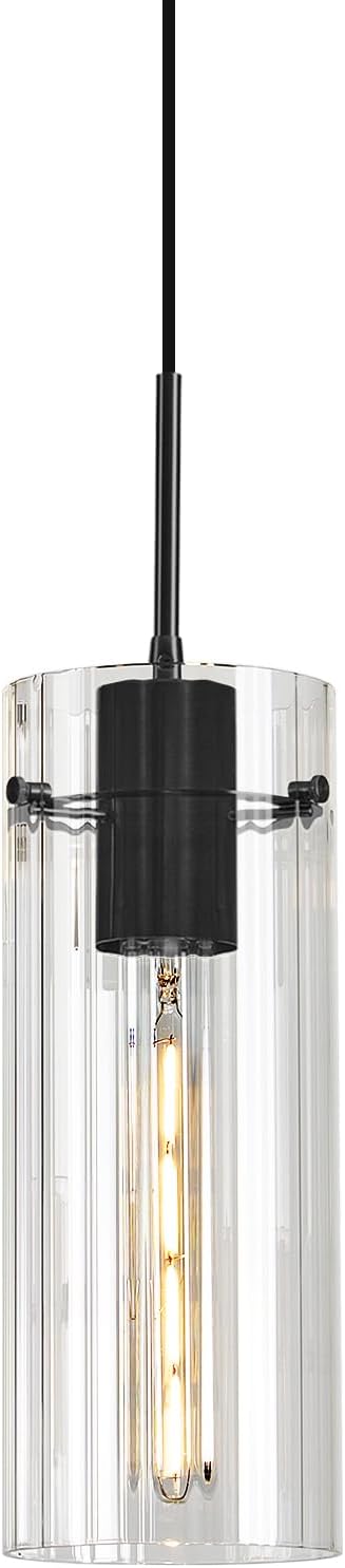 Black Glass Pendant Lights for Kitchen Island, Modern Ribbed Glass Pendant Lighting, Adjustable Cord Single Hanging Light Fixture for Dining Room, Bedroom, Bathroom