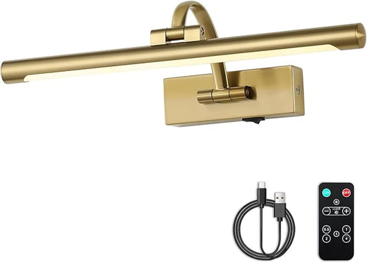 DESOOP Battery Operated Picture Light with Remote and Timer, Wireless Art Lights for Paintings Brass Rechargeable Gallery Light Dimmable Artwork Lighting for Canvas, Portrait 16'' Inch Warm White