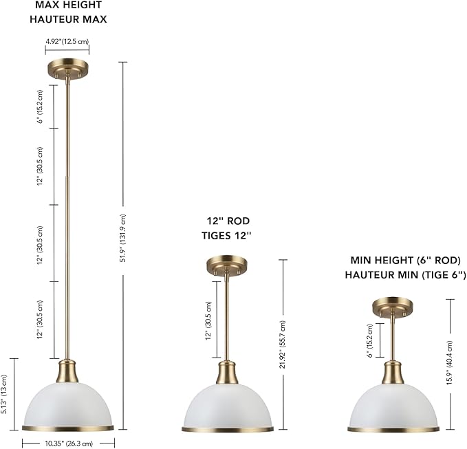 Globe Electric 60824 1-Light Pendant Light Fixture, Matte White, Brass Accents, Adjustable Hanging Height, Sloped or Vaulted Ceiling, Modern Lights for Kitchen Island, Hallway, or Dining Room
