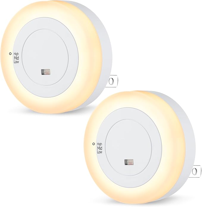 FOLKSMATE LED Night Lights Plug in, Dimmable Nightlight Plug Into Wall with Light Sensor, Soft White Adjustable for Adults, Bedroom, Bathroom, 2-Pack