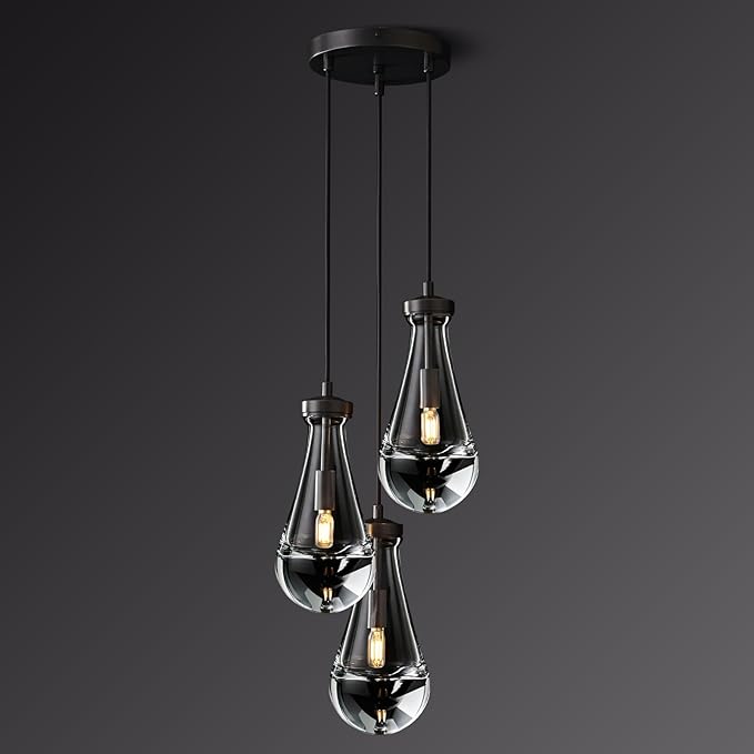 Raindrop Pendant Light Kithcen Island, Raindrop Chandelier Black Teardrop Pendant Lights with Adjustable Hanging Rope,Glass Pendant Light for Dining Room,Corridor (3-Light),Bulb Included