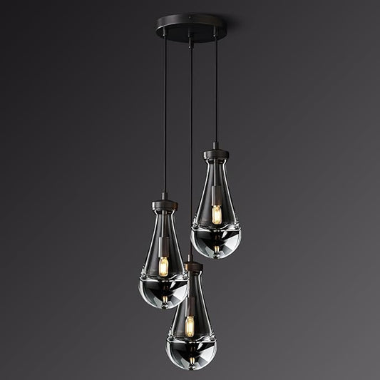Raindrop Pendant Light Kithcen Island, Raindrop Chandelier Black Teardrop Pendant Lights with Adjustable Hanging Rope,Glass Pendant Light for Dining Room,Corridor (3-Light),Bulb Included