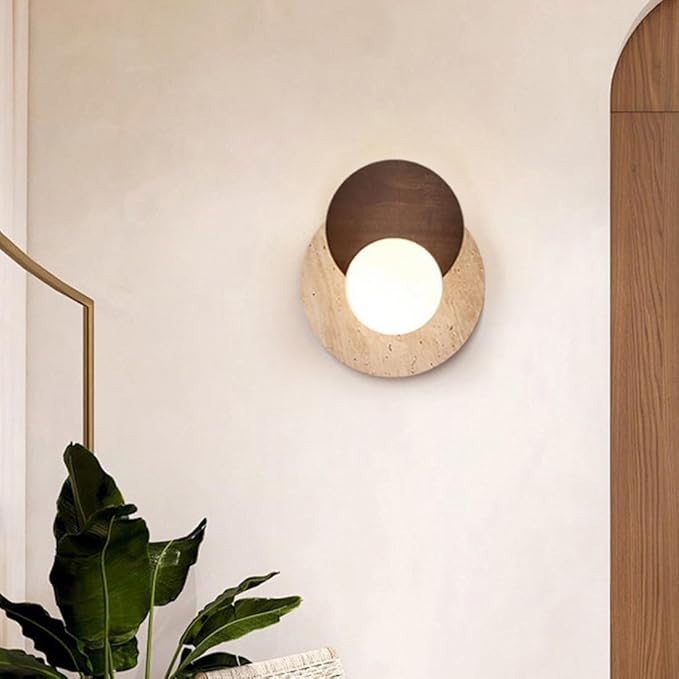 Marble Wall Lamp, Bathroom Vanity Light Fixtures, Wall Mount Lamp, Over Mirror, Wall Sconces Set of 2, Vintage Wall Light with Wood and Stone Shade, for Porch Workshop Kitchen Living Room