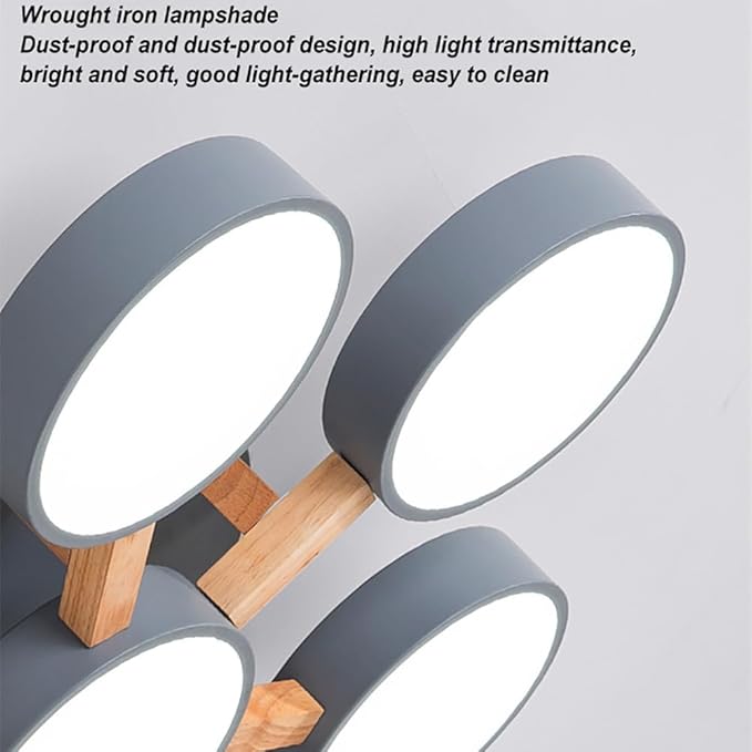 5-Lights LED Ceiling Light Fixture,32 Inch Modern Ceiling Lights Flush Mount Wooden 55W Chandelier for Living Room Bedroom Kitchen,Dimmable 3000K/4000K/6000K Temperatures Selectable, Grey