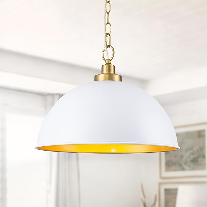 Lingkai Farmhouse Pendant Light Fixtures, 15.7" White and Gold Dome Pendant Lighting Kitchen Island, Adjustable Height Vintage Hanging Ceiling Lights for Kitchen Island Dining Room Foyer Restaurant