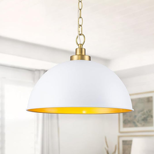 Lingkai Farmhouse Pendant Light Fixtures, 15.7" White and Gold Dome Pendant Lighting Kitchen Island, Adjustable Height Vintage Hanging Ceiling Lights for Kitchen Island Dining Room Foyer Restaurant