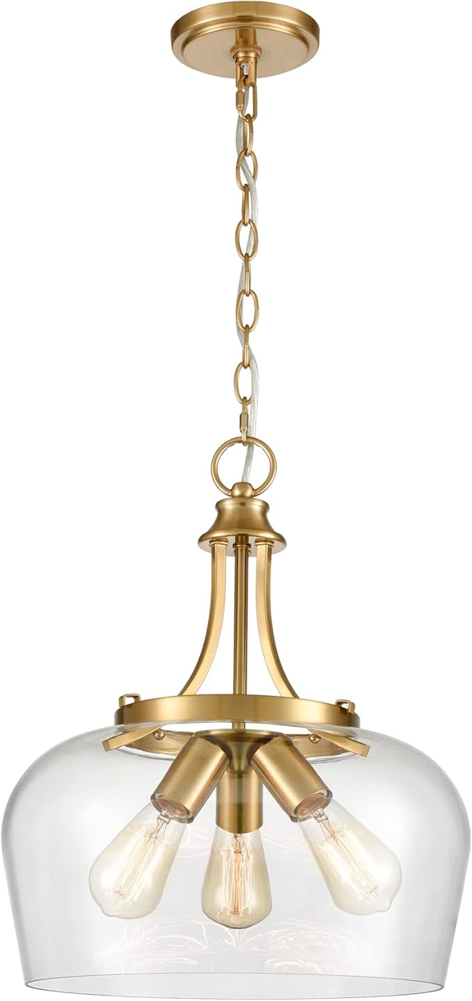 Modern Gold Pendant Lights Mid Century 3-Light Clear Glass Pendant Lighting with Adjustable Chain Hardwired Brass Glass Chandelier for Kitchen Island Dining Room