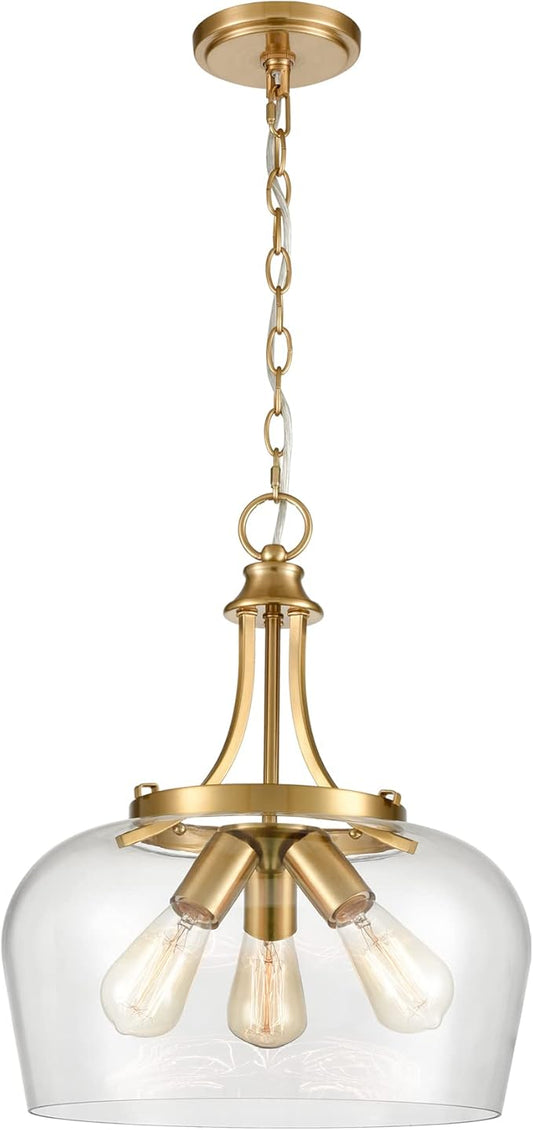 Modern Gold Pendant Lights Mid Century 3-Light Clear Glass Pendant Lighting with Adjustable Chain Hardwired Brass Glass Chandelier for Kitchen Island Dining Room