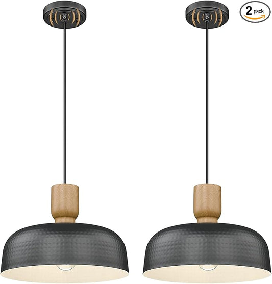 Darkaway Dusk to Dawn Industrial Pendant Light Fixtures Ceiling Hanging with Hammered Metal Shade, 2pcs Black Pendant Light for Outdoor Porch Lighting Hanging Lamp Adjustable Height