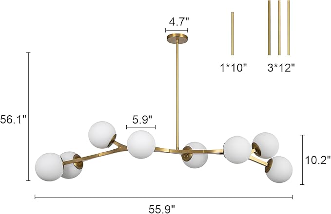Lingkai 56" Large Brass Gold Modern Linear Chandeliers for Dining Room, Mid Century Modern Chandelier Pendant Light, 8-Light Globe Chandelier for Living Room Kitchen