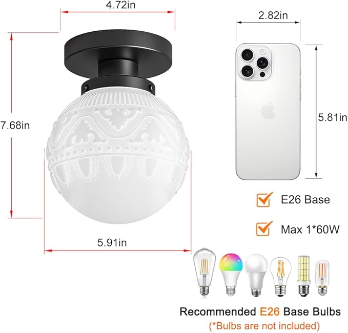 Daunton Semi Flush Mount Ceiling Light, Modern Globe Milk Glass Ceiling Light Fixture, Vintage Small Black Hallway Light Fixtures for Kitchen, Entryway, Bathroom, Closet