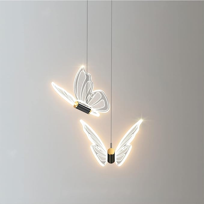 2 Lights Butterfly Black Pendant Light, 13.8 Inch LED Acrylic Hanging Lamp for Bedroom, Living Room, Kitchen Island (Black, Butterfly)